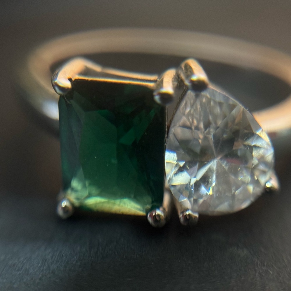 Elegant Silver Tone Ring with Green and Clear Stones